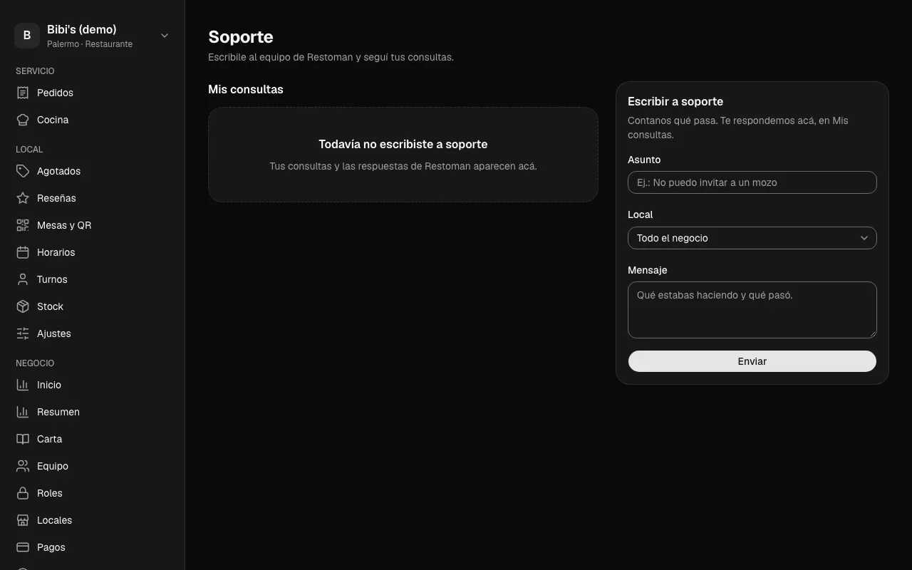 Así se ve en el panel: Escribir a soporte